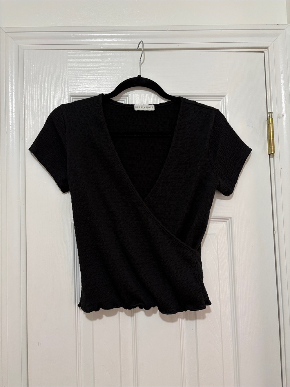 Black Ribbed Wrap V-Neck Short Sleeve Top